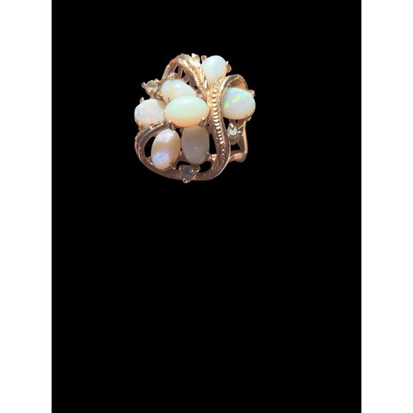 Vintage Opal and Rhinestone Cluster Ring Gold Leaf Design Size 5 - Picture 6 of 10